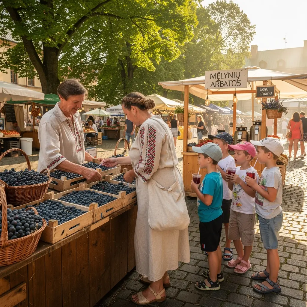 Arbatos puodelis su garuojančiu mėlynių gėrimu, skleidžia malonų kvapą.