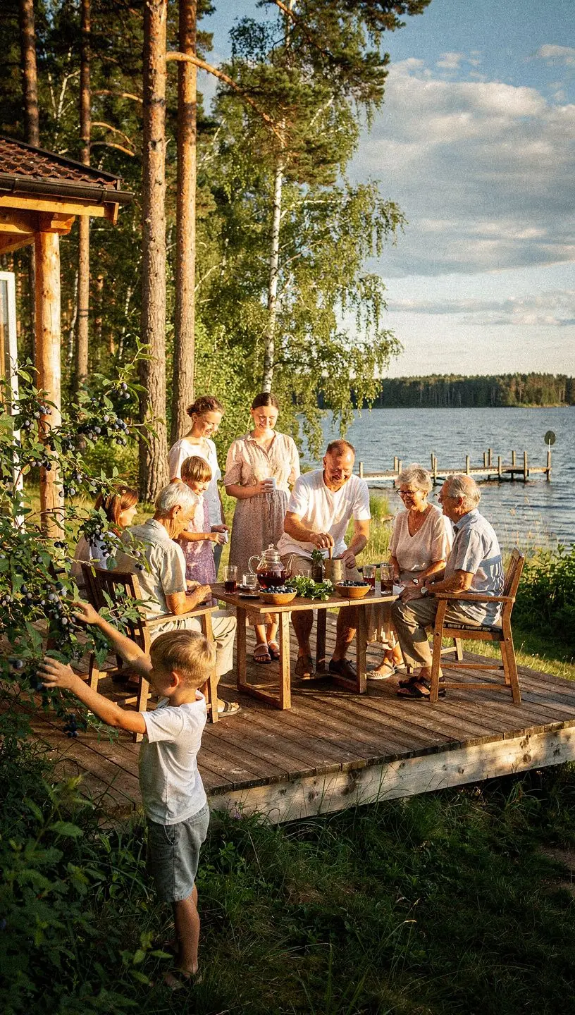 Šviežios mėlynės, išdėstytos ant medinės lentos, aplink arbatos puodelį