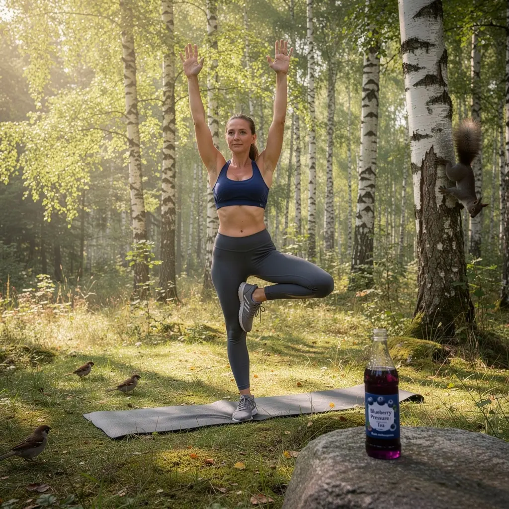 Mėlynių arbatos puodelis ant stalo, aplink jį šviežios mėlynės.