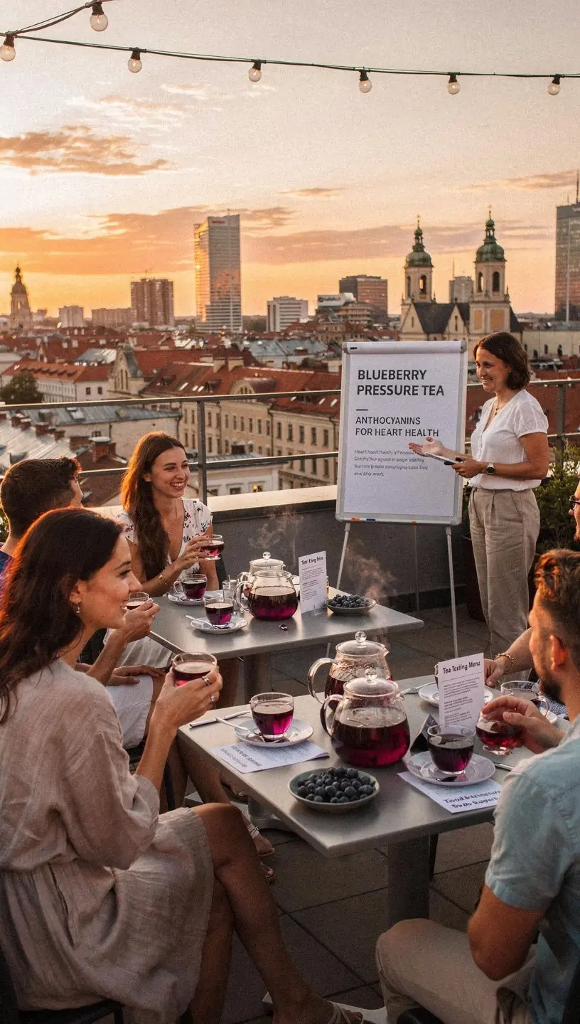 Mėlynių arbatos puodelis su šviežiomis mėlynėmis ant stalo