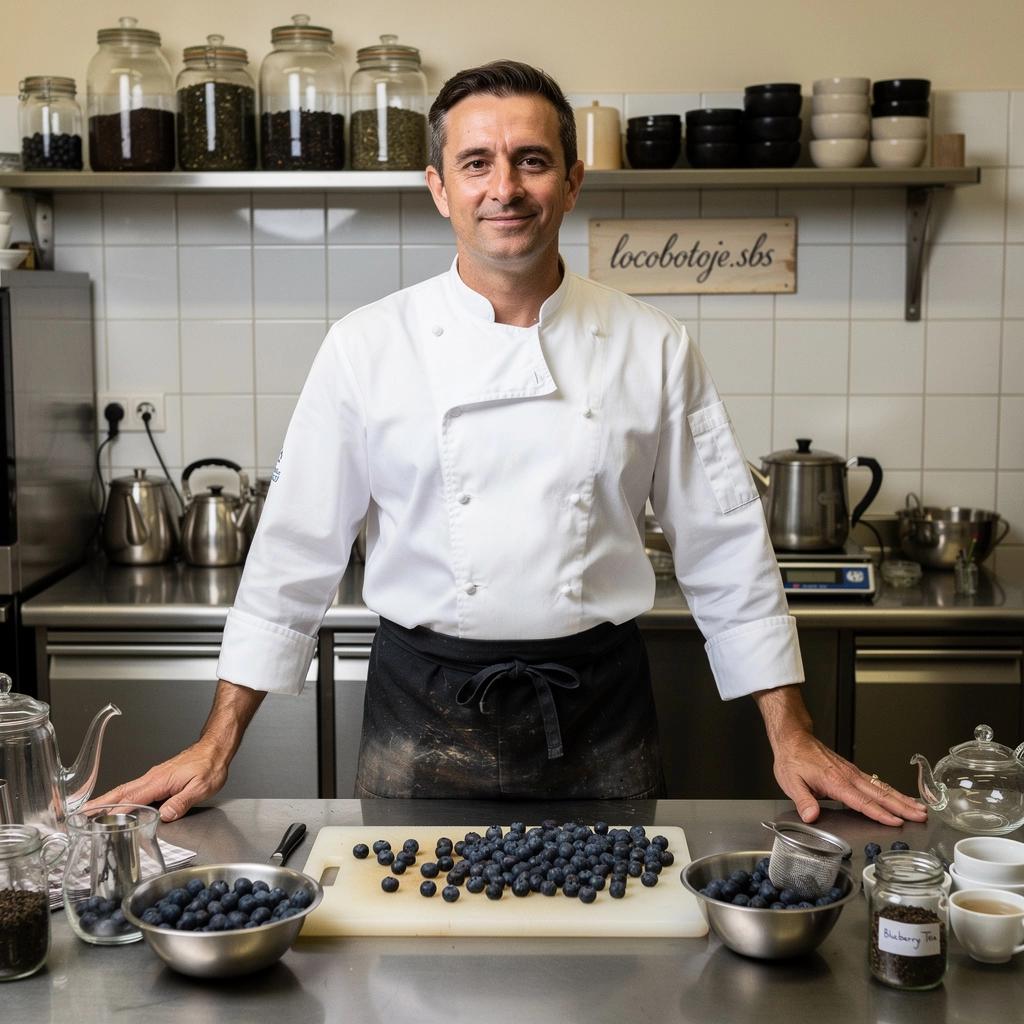 Mėlynių laukas su žydinčiomis uogomis, apšviestas saulės spindulių